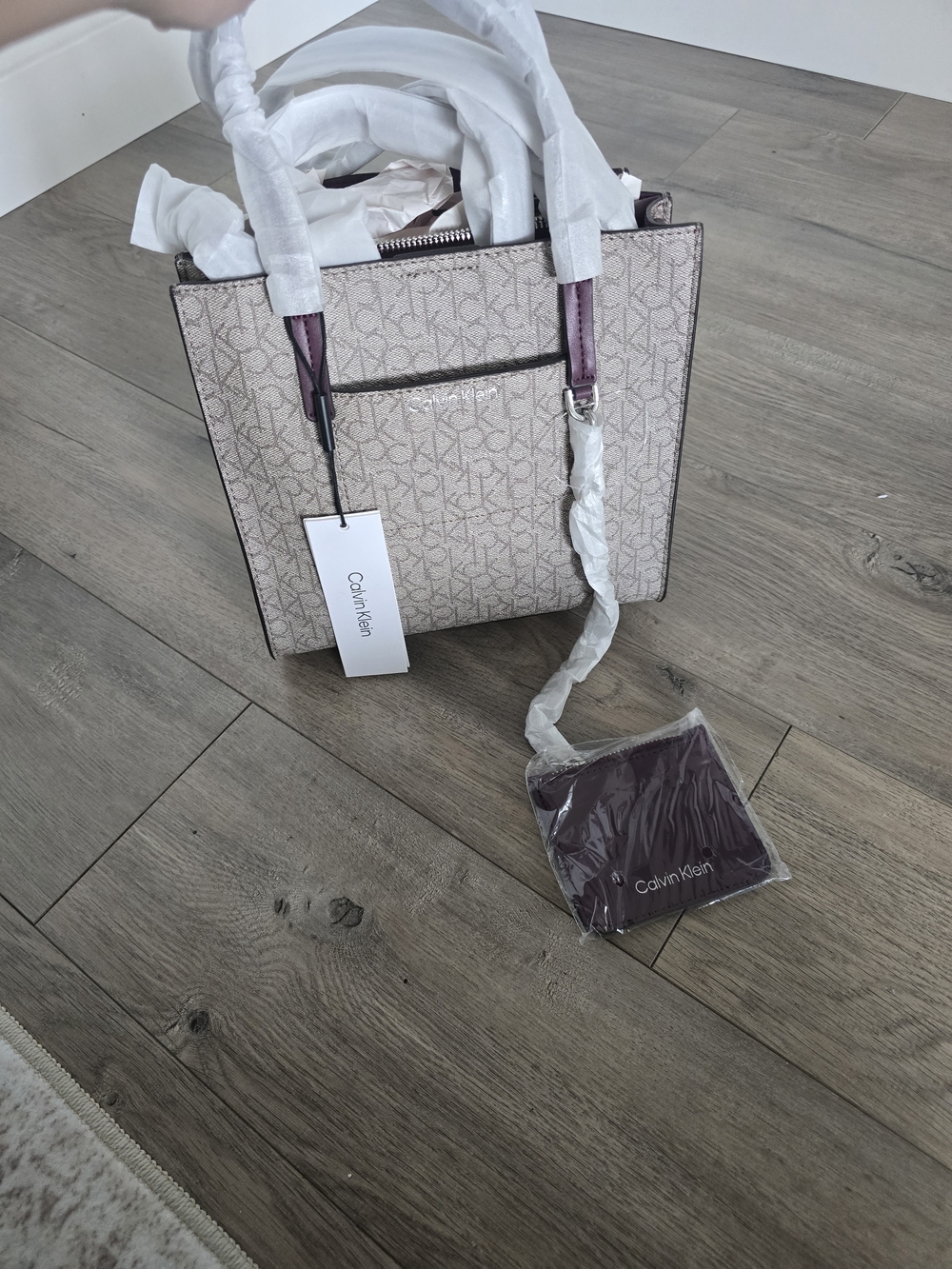 Calvin Klein Beige Monogram Tote with Plum Trim